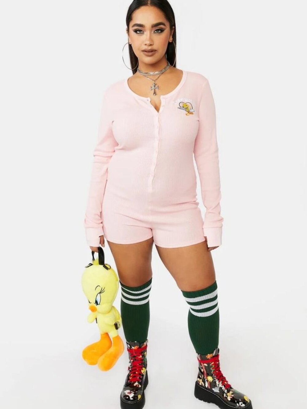 DOLLS KILL X LOONEY TUNES TWEETY BIRD ROMPER EMBROIDERED LONG SLEEVES 1X